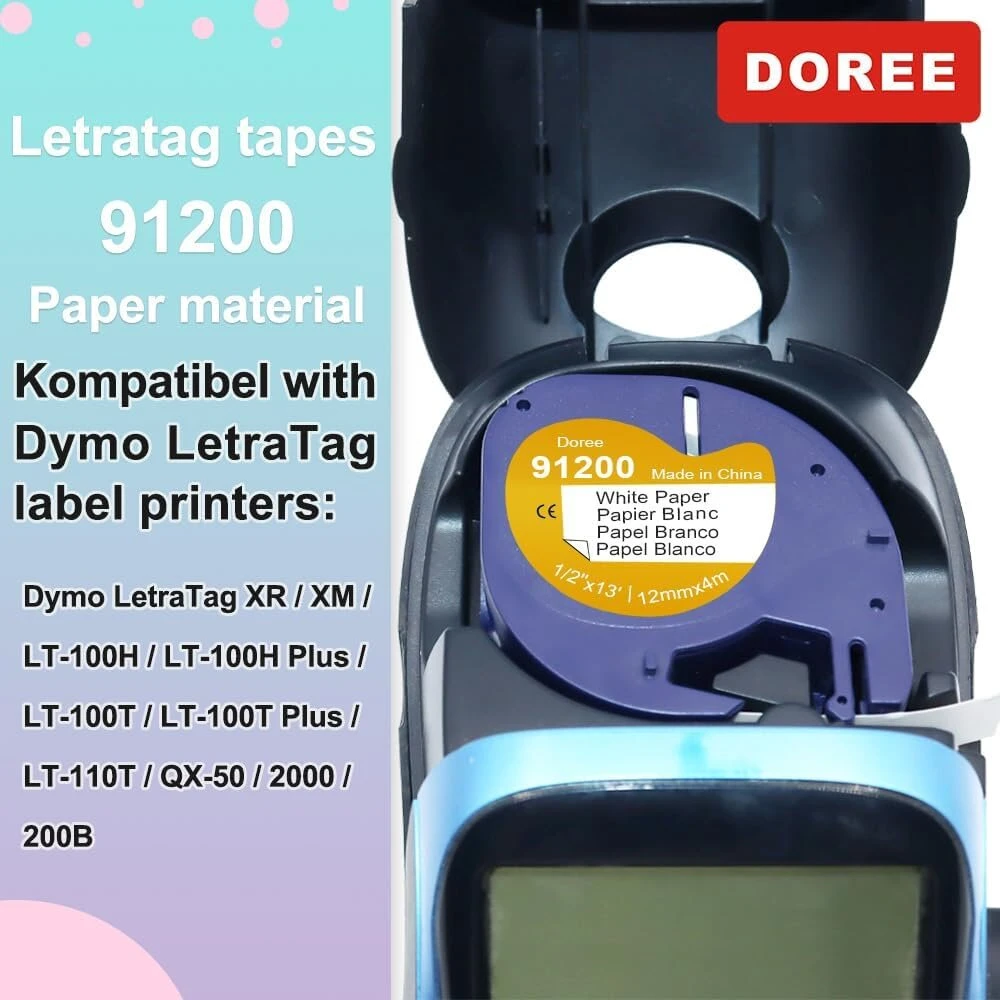 Doree 3 vnt. popierinė juosta 91220 91200 S0721520, 12 mm x 4 m, juoda ant baltos, suderinama etikečių juosta Dymo Lt etikečių spausdintuvui Lt-100h, Lt-100t