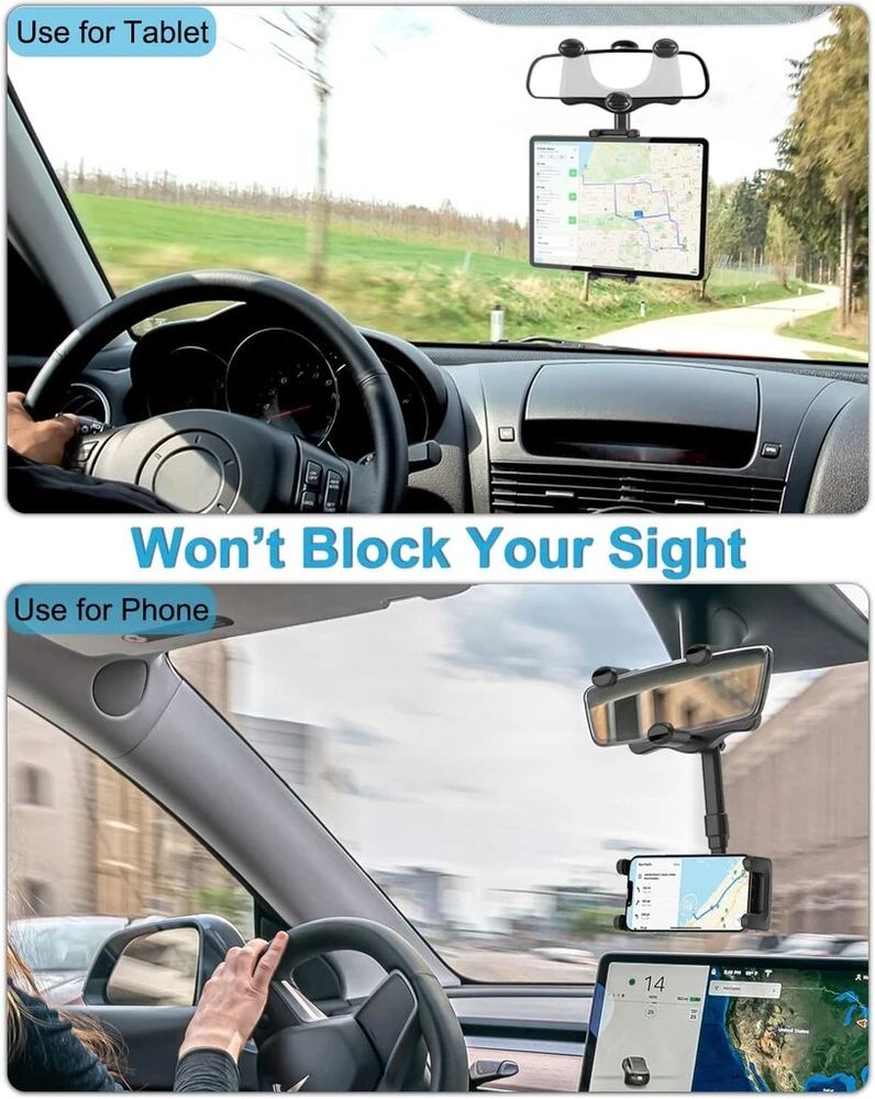 Dosvsi planšetinio kompiuterio laikiklis galinio vaizdo veidrodėliui automobilyje, sunkvežimio didelis galinio vaizdo veidrodėlio Ipad laikiklis su 360° ištraukiama rankena, automobilinis galinio vaizdo veidrodėlio stovas Ipad Pro Air Mini, Galaxy Tab/su F