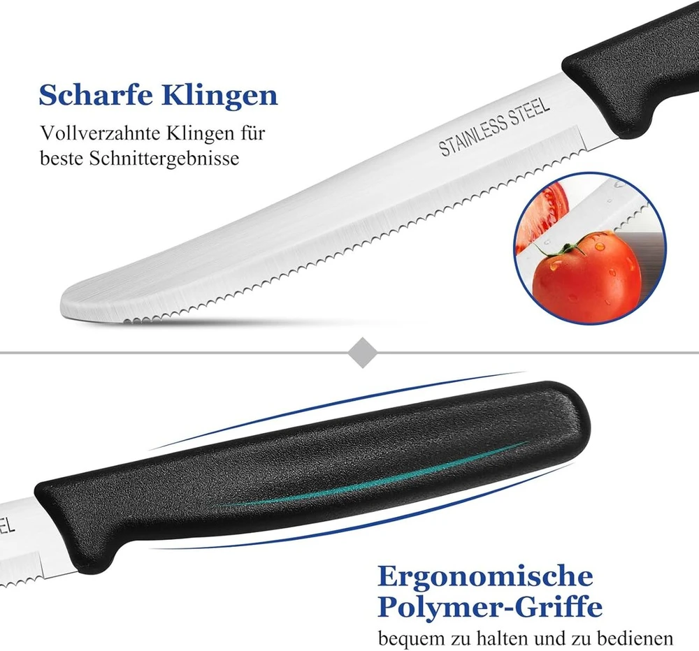 Double.s Swiss Classic peiliai kepsniams, peiliai pusryčiams, nerūdijančio plieno peilis pomidorams su dantytu kraštu, 22 cm, stalo peilis, stalo įrankių peilis, juodas