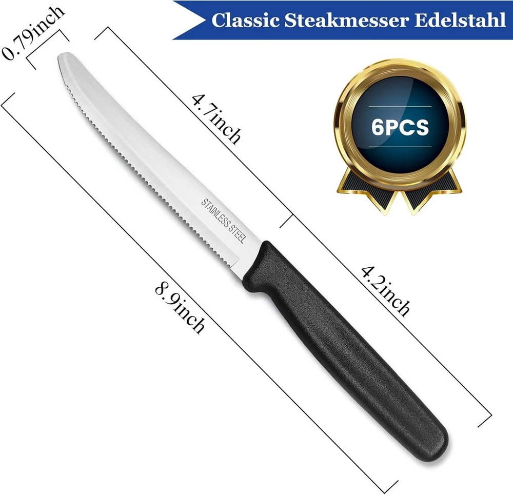Double.s Swiss Classic peiliai kepsniams, peiliai pusryčiams, nerūdijančio plieno peilis pomidorams su dantytu kraštu, 22 cm, stalo peilis, stalo įrankių peilis, juodas
