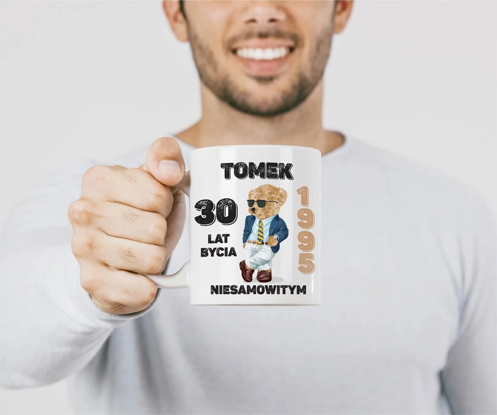 Dovana 30 gimtadienio proga vyrui meškiuko rinkinys puodelis + pagalvė su bet kokiu vardu