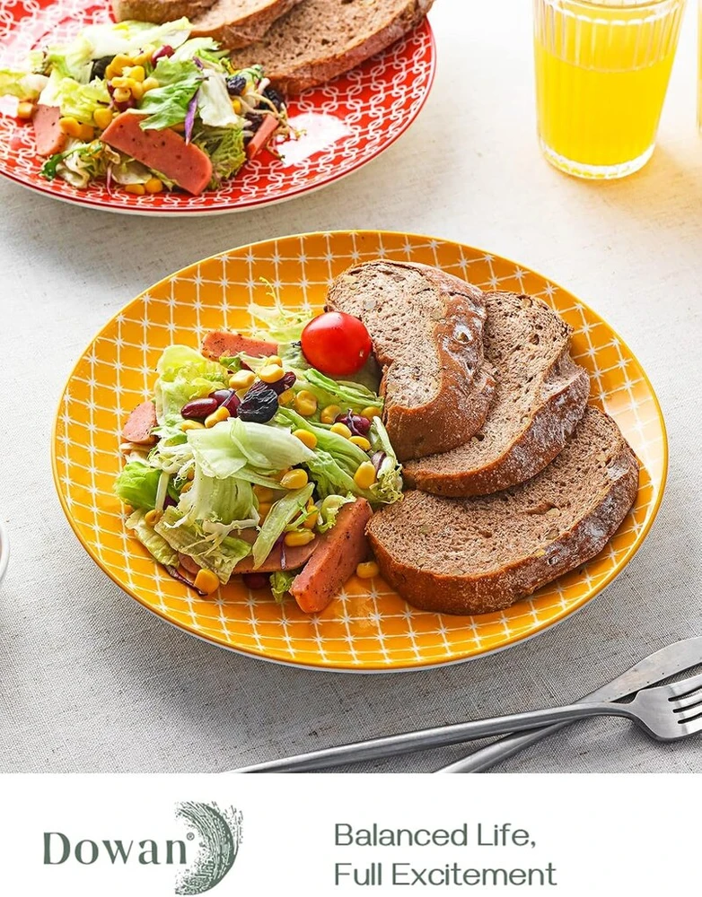 Dowan 27 cm keraminė lėkštė, 6 spalvingų didelių porcelianinių lėkščių rinkinys pastai ir salotoms, desertinės lėkštės, apvalūs serviravimo indai, patvarios vakarienei, Kalėdoms