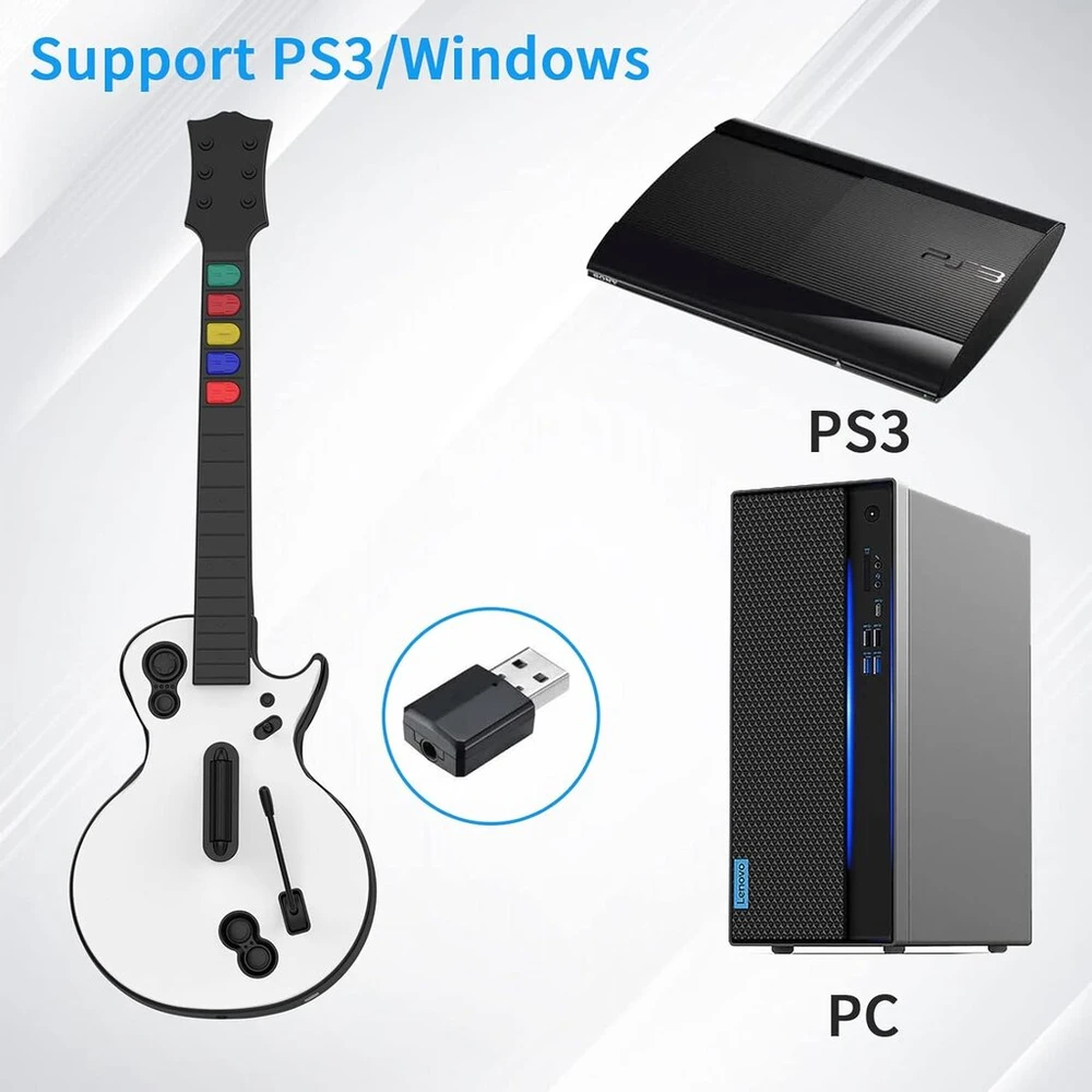 Doyo gitaros valdiklis, skirtas pc ir ps3 guitar hero gitarai su dirželiu, idealus guitar hero, clone hero ir rock band žaidimams, aukštos kokybės, skirtas guitar hero ps3 ir pc (5 mygtukai, baltas)