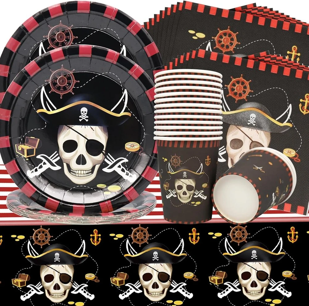 Doyomtoy Piratų tematikos stalo įrankių rinkinys vakarėliui, 53 vienetų piratų vaikiškų gimtadienio dekoracijų, piratų vakarėlio stalo įrankiai, lėkštės vakarėliui, popieriniai puodeliai, servetėlės, berniukams ir mergaitėms, 16 žmonių