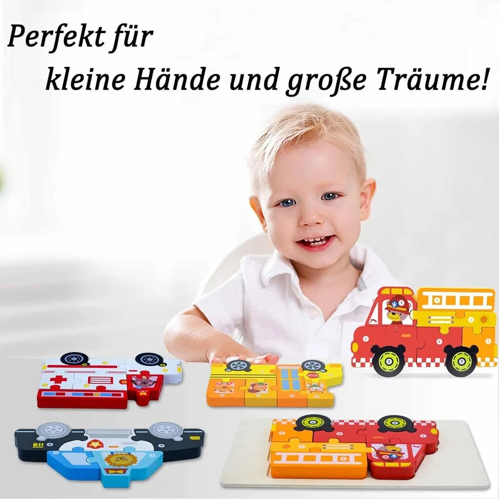 Dr. Muya medinės dėlionės vaikams 2 3 4 5 metų, montessori žaislas, edukacinis medinis žaislas, edukacinis žaislas vaikams, 4 dalys, gaisrinė mašina, policijos automobilis, dovana berniukams