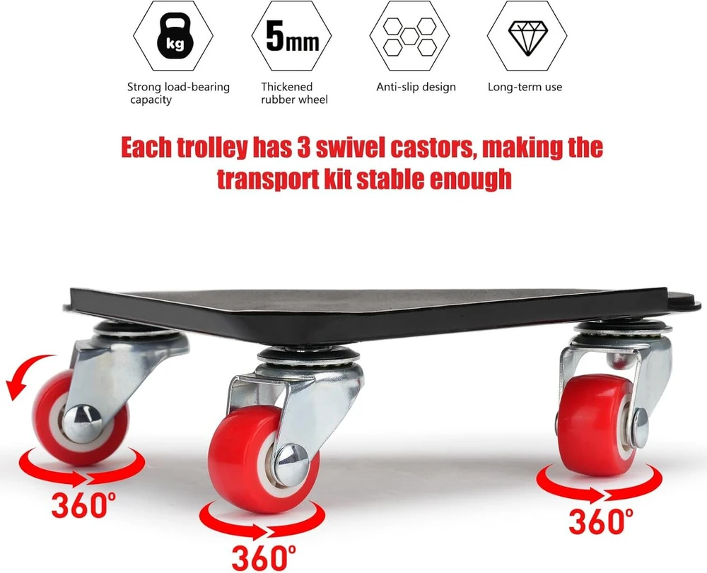 Drado baldų transportavimo ritinėlių rinkinys, baldų ratukai didelėms apkrovoms su 4 slankikliais, 360° pasukami (600 kg keliamoji galia) su laužtuvu, baldų ritinėlių rinkinys taupo pastangas