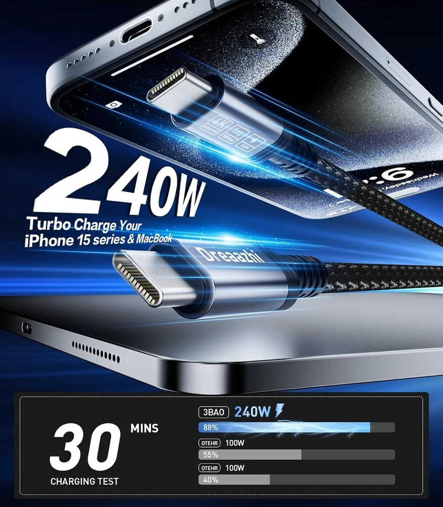 Dreaazhi 20 Gbps 240 W Usb C - Usb C kabelis 1 m, Usb C 3.2 Gen2 x 2 duomenų kabelis, 4k @ 60 Hz vaizdo perdavimas, greito įkrovimo kabelis nešiojamam kompiuteriui, mobiliajam telefonui, planšetiniam kompiuteriui, Ssd, monitoriui ir t. t.