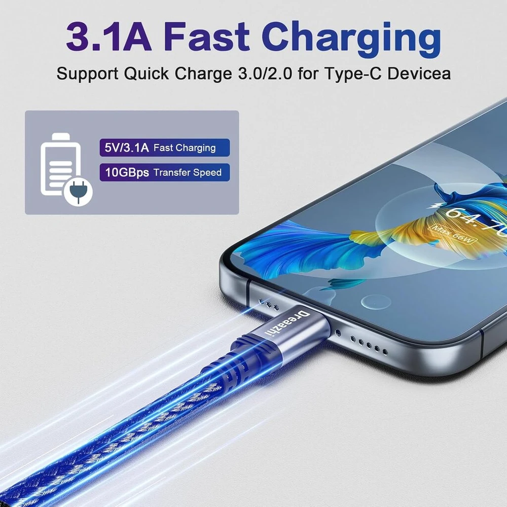 Dreaazhi usb ir usb c kabelis 1 m, usb 3.1 gen 2 kabelis greitam įkrovimui su 10 gbps duomenų perdavimu, android automobilinis kabelis, skirtas iphone 16/15, galaxy note 8, s8, s9, s10, sony xz, lg v20, htc, ssd ir kt.