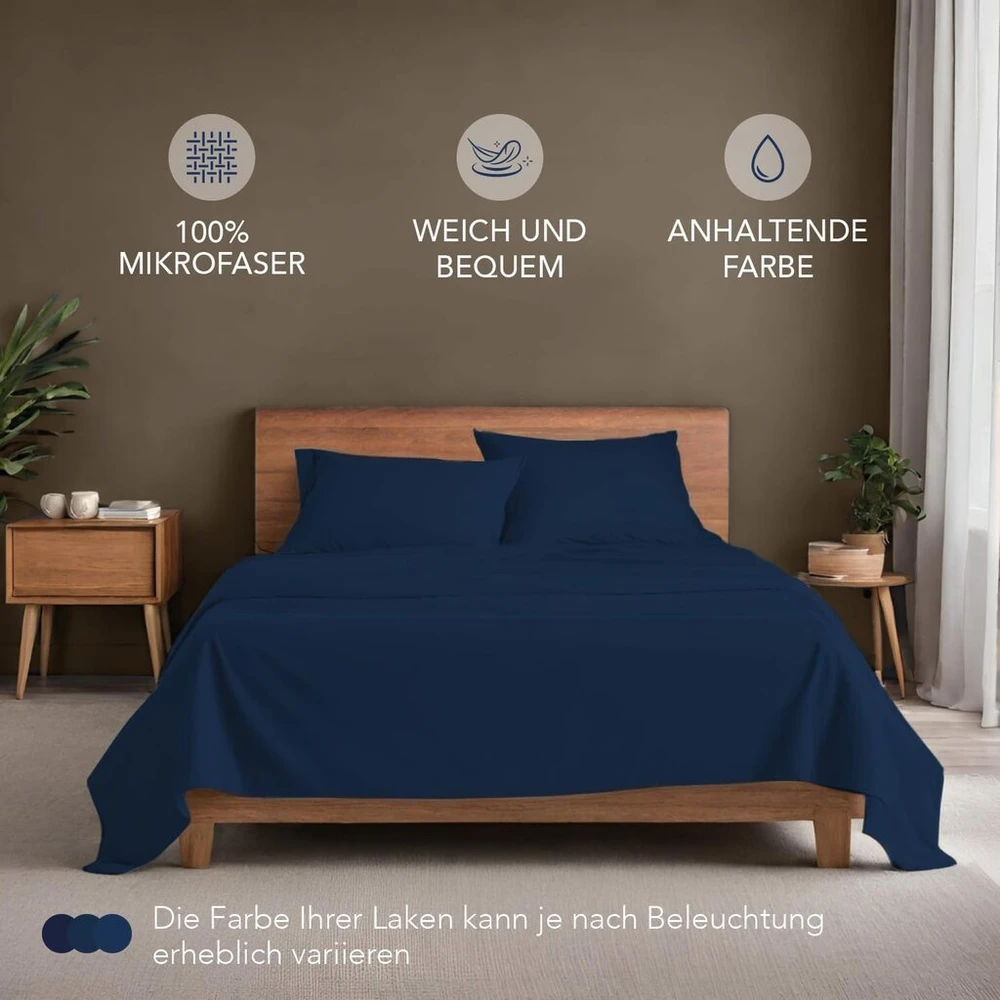 Dreamzie mikropluošto patalynės komplektas (4 dalių), 1 glotnus paklodė su guma 180 x 200 cm, 1 paklodė be gumos 270 x 290 cm ir 2 pagalvių užvalkalai 50 x 80 cm, tamsiai mėlyna