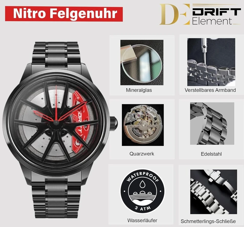 Driftelement Nitro vyriškas laikrodis su ratlankiu - m3 sportinio automobilio vyriškas laikrodis su 3d nerūdijančio plieno dizainu - individualizuotas dizainerio kvarcinis laikrodis su mineraliniu stiklu