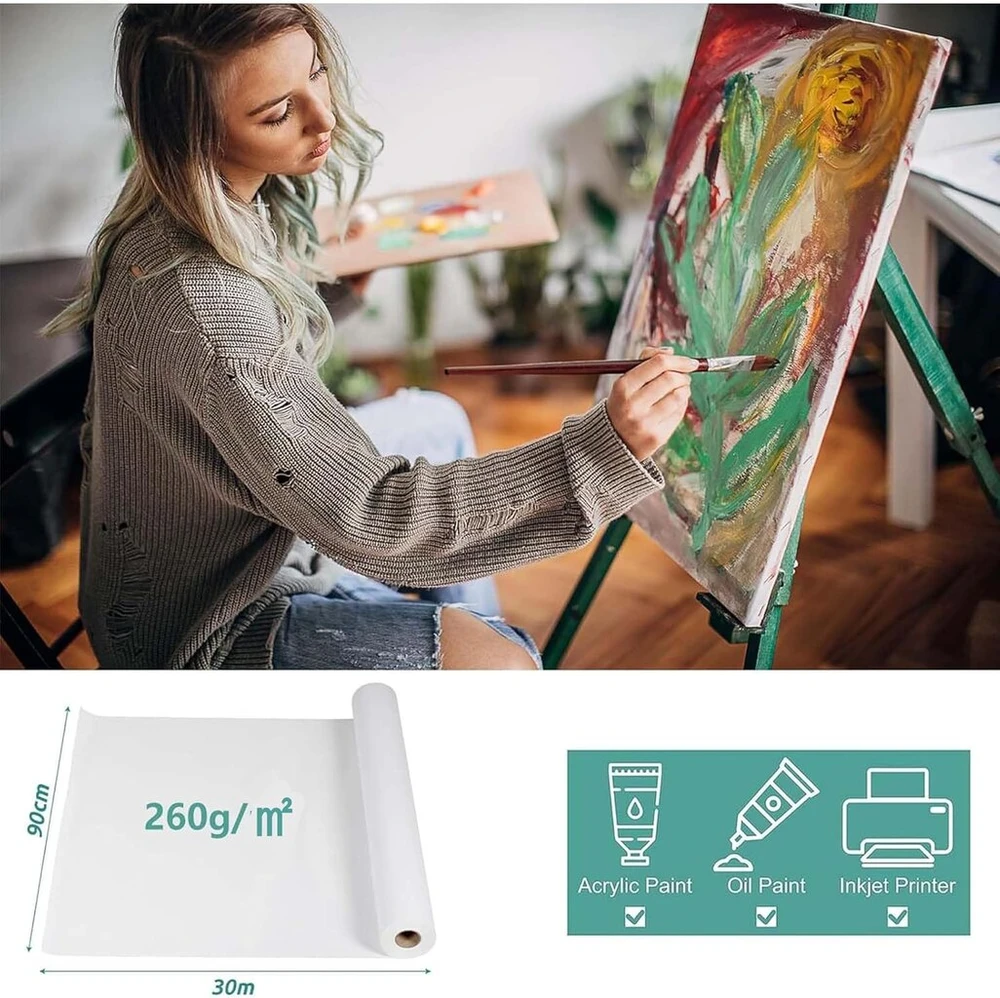 Drobė rule 91 cm x 30 m, 100% poliesteris, 260 g/m², paruošta dažymui, gruntuota, audinys tapybai, drobė spausdintuvui, drobės rulonas, akriliniam tapybai, aliejinei tapybai, spausdinimui rašaliniu spausdintuvu