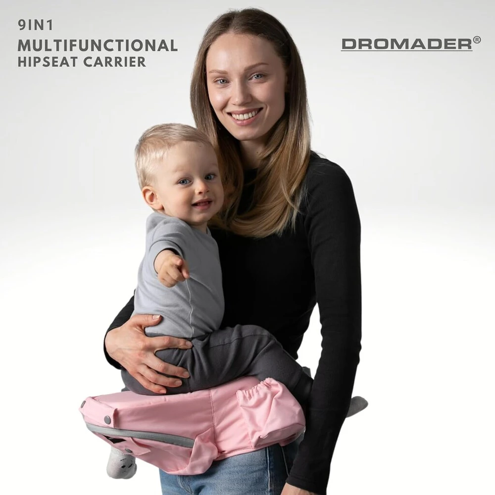 Dromader nešyklė kūdikiams - 9-in-1 ergonomiška nešyklė kūdikiams nuo 4-36 mėnesių - sėdynė klubui, saugos sagtys ir termo skyrius - galima naudoti ištisus metus - 9 nešiojimo pozicijos - rožinė