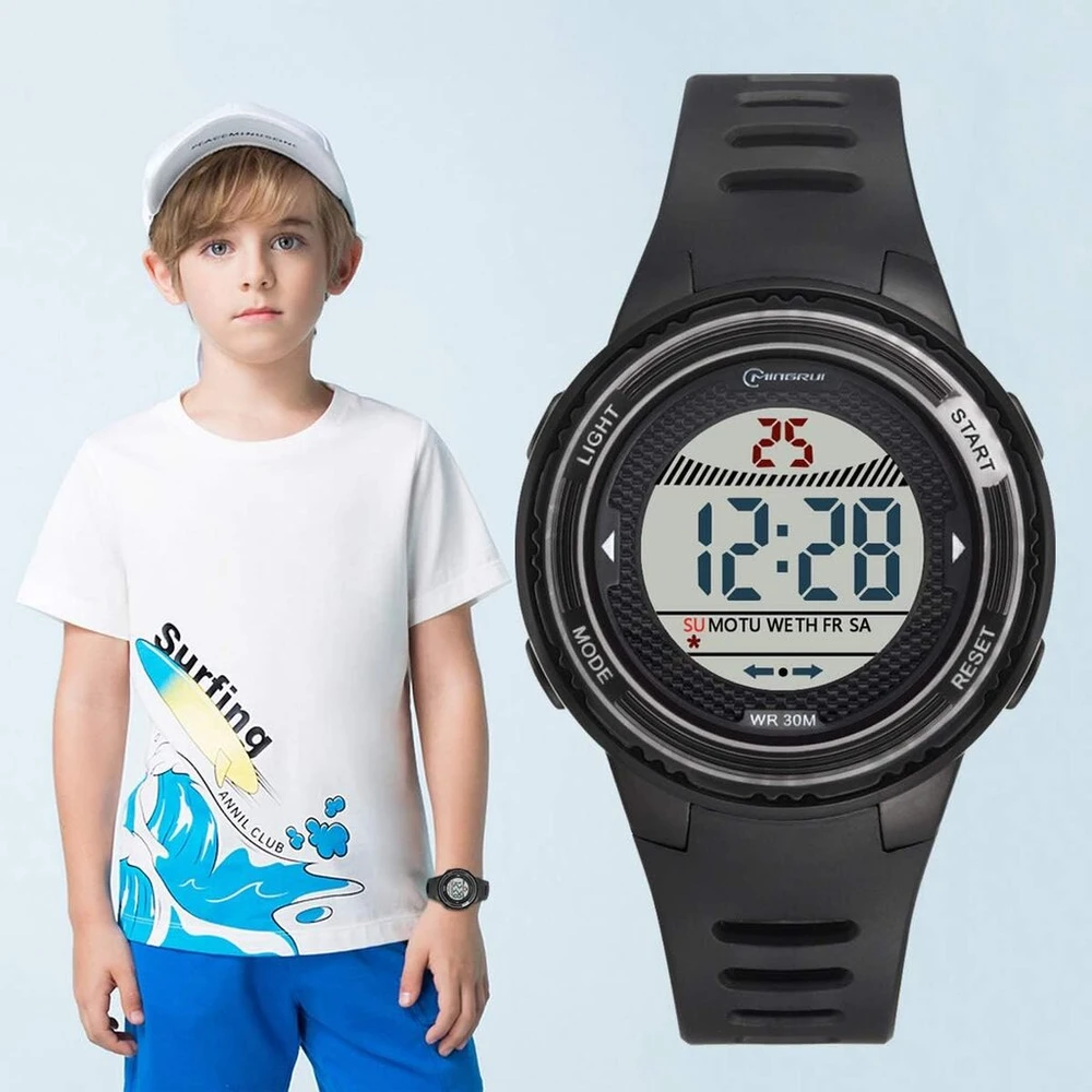 Dtkid vaikiškas skaitmeninis laikrodis, funkcionalus vandeniui atsparus laikrodis berniukams ir mergaitėms su laiku, data, savaite, apšvietimu, įspėjimu, chronometru, skaitmeninis laikrodis vaikams, šviesiai mėlynas