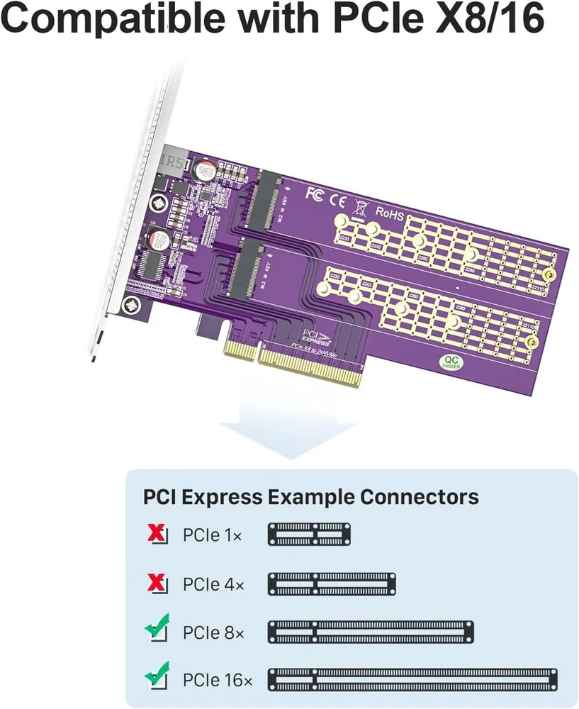 Dual M.2 Nvme į Pcie3.0 X8 adapteris be Pcie bifurkacijos funkcijos, palaiko 22110/2280/2260/2242/2230 M.2 Nvme Ssd (reikalinga Pcie bifurkacijos pagrindinė plokštė)