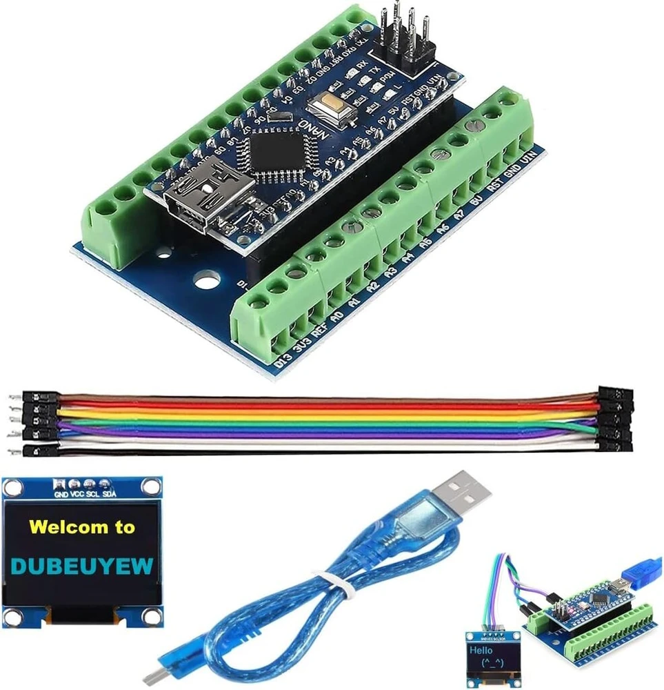 Dubeuyew Nano modulis lituota Nano plokštė Ch340 Chip 5v 16mhz Arduino su išvadų plokšte + vienas Micro Usb kabelis + vienas 0.96" 128x64 12864 pikselių Oled Lcd ekranas
