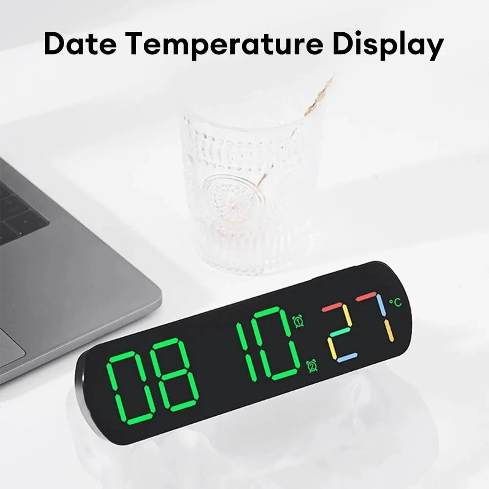 Duobagma didelis skaitmeninis sieninis laikrodis su temperatūros ekranu, naktiniu režimu, stalo žadintuvas 12/24h elektroninis led laikrodis su valdymu balsu
