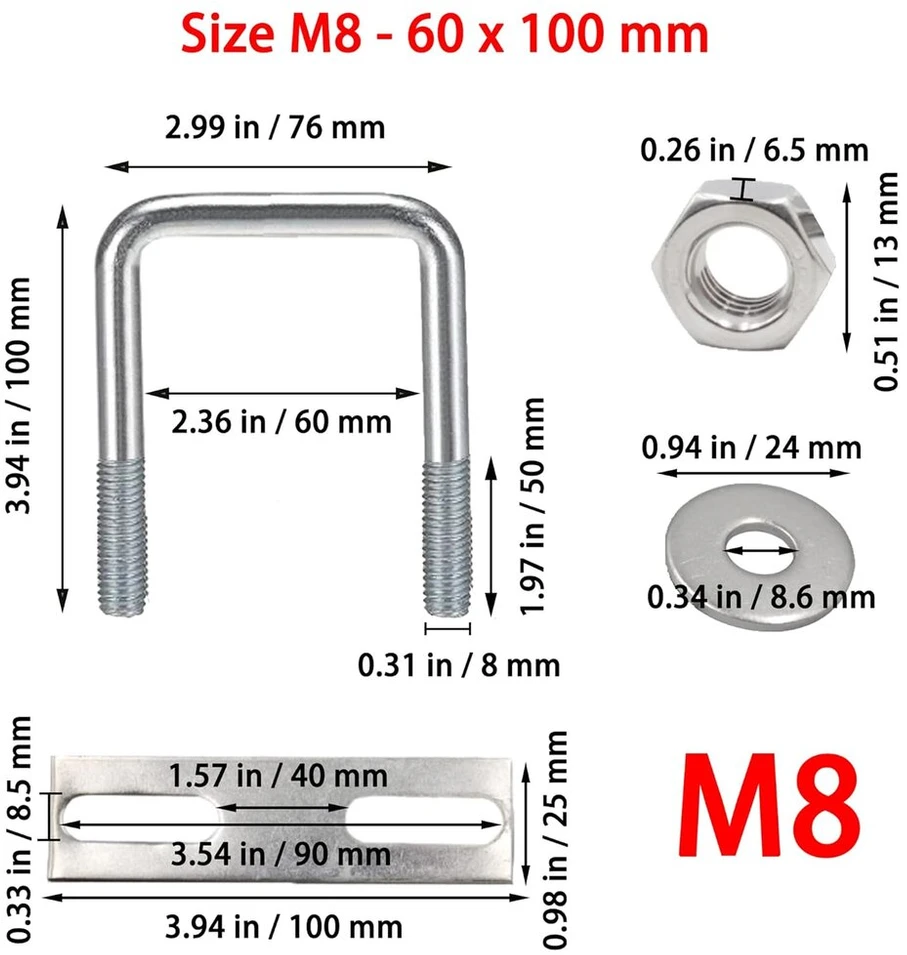 Duoyif u formos varžtas m8 60 x 100 mm u formos sraigtai m8 u formos varžtas kvadratinis nerūdijantis plienas su veržlės rėmo plokštele poveržle u formos laikiklis vamzdžių tvirtinimui automobilių laivų vilkimui 2 vienetai (60 x 100 mm)