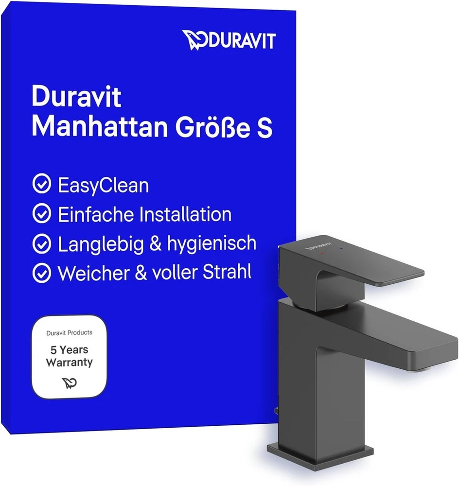 Duravit Manhattan vandens taupymo maišytuvas praustuvui, mažas (snapelio aukštis 76 mm), vonios kambario maišytuvas praustuvui, matinis juodas