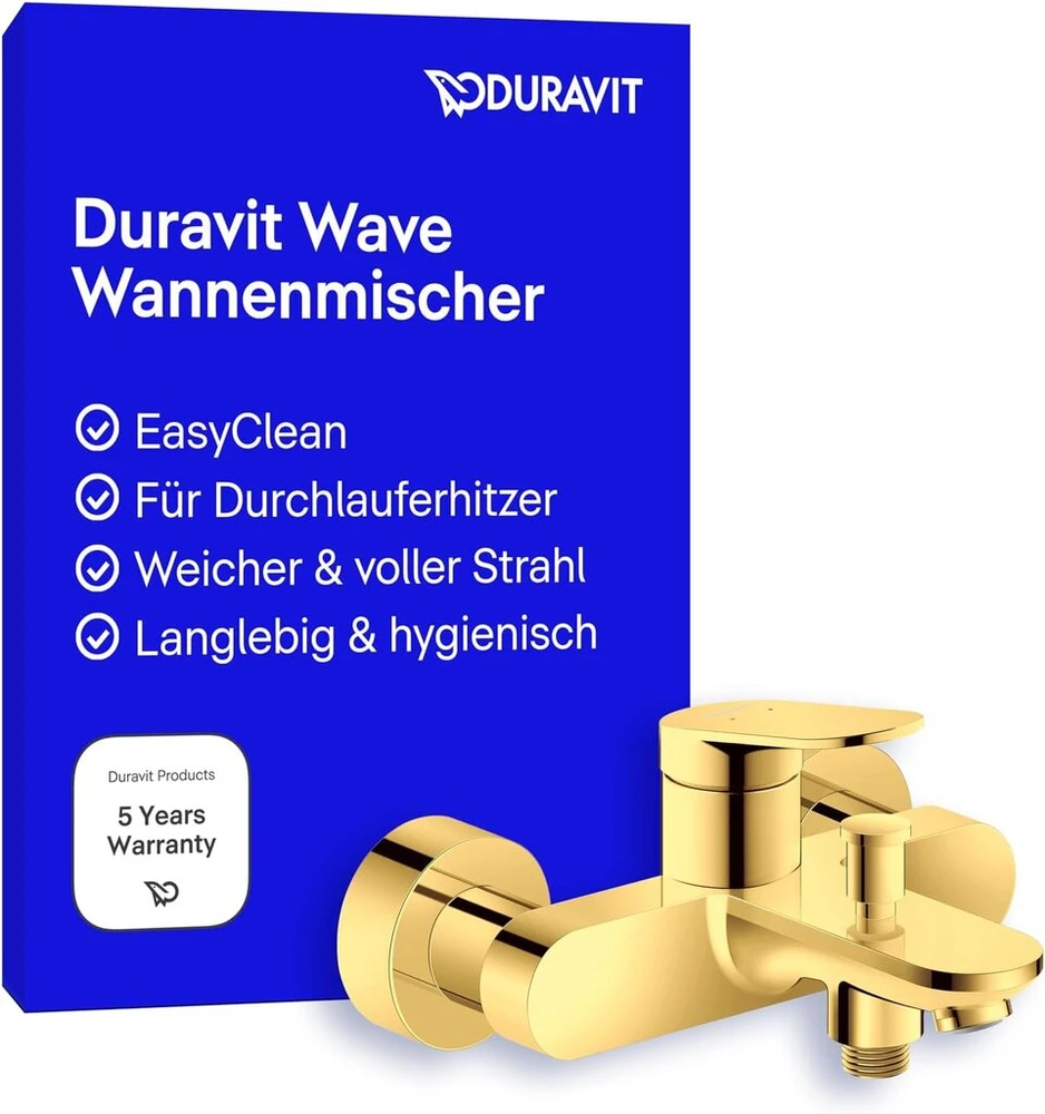 Duravit Wave potinkinis vonios maišytuvas 2 vartotojams, vienos svirties vonios maišytuvas su keramikos maišymo sistema ir atbuliniu vožtuvu, poliruotas auksas