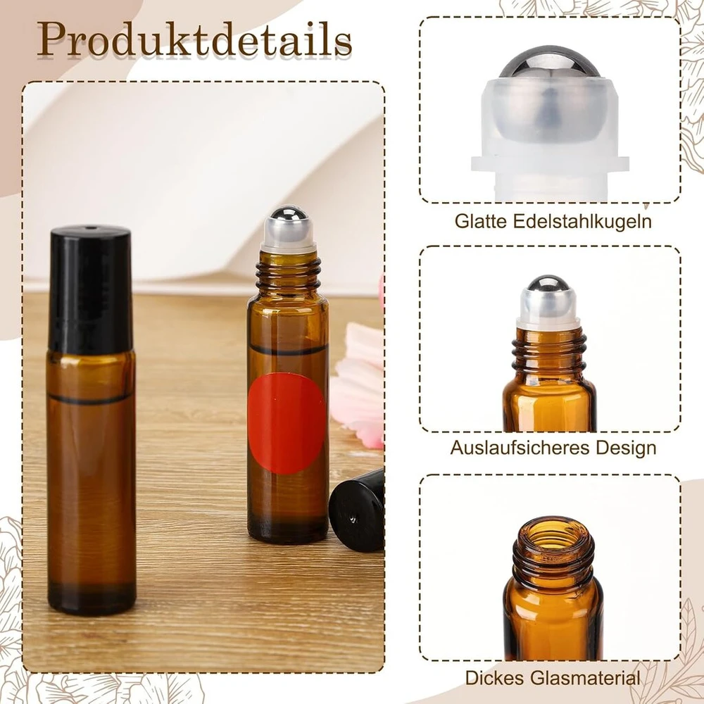 Dusaniyali 10 ml stiklinis buteliukų rinkinys su rutuliuku, 12 vienetų, rudas buteliukas, tušti daugkartiniai buteliukai aliejams su nerūdijančio plieno rutuliuku, piltuvėlis, atidarytuvas, etiketės, pipetės, losjonams, kvepalams, masažui