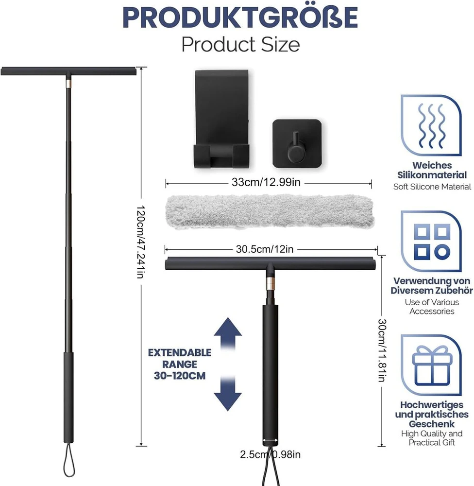 Dušo valytuvas juodas su teleskopine rankena (29-120 cm) langų valytuvas, grindų valytuvas ir vandens valytuvas voniai, dušui, langų valymui, silikoninis dušo valytuvas su nerūdijančio plieno šerdimi
