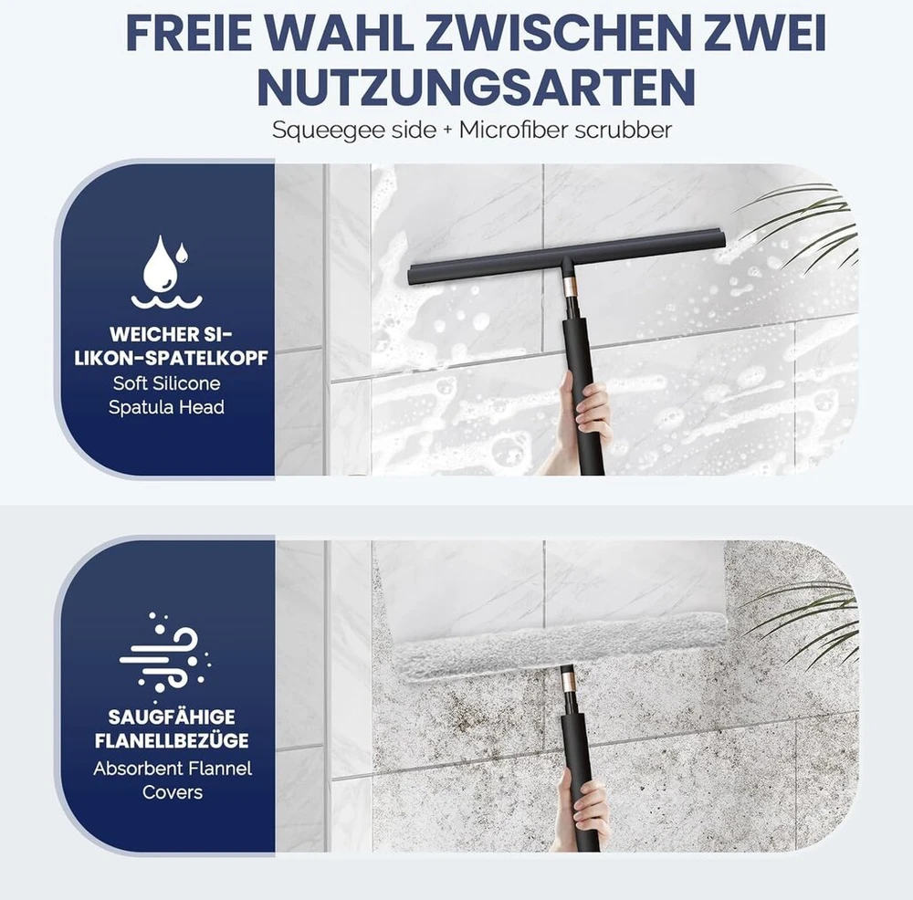 Dušo valytuvas juodas su teleskopine rankena (29-120 cm) langų valytuvas, grindų valytuvas ir vandens valytuvas voniai, dušui, langų valymui, silikoninis dušo valytuvas su nerūdijančio plieno šerdimi