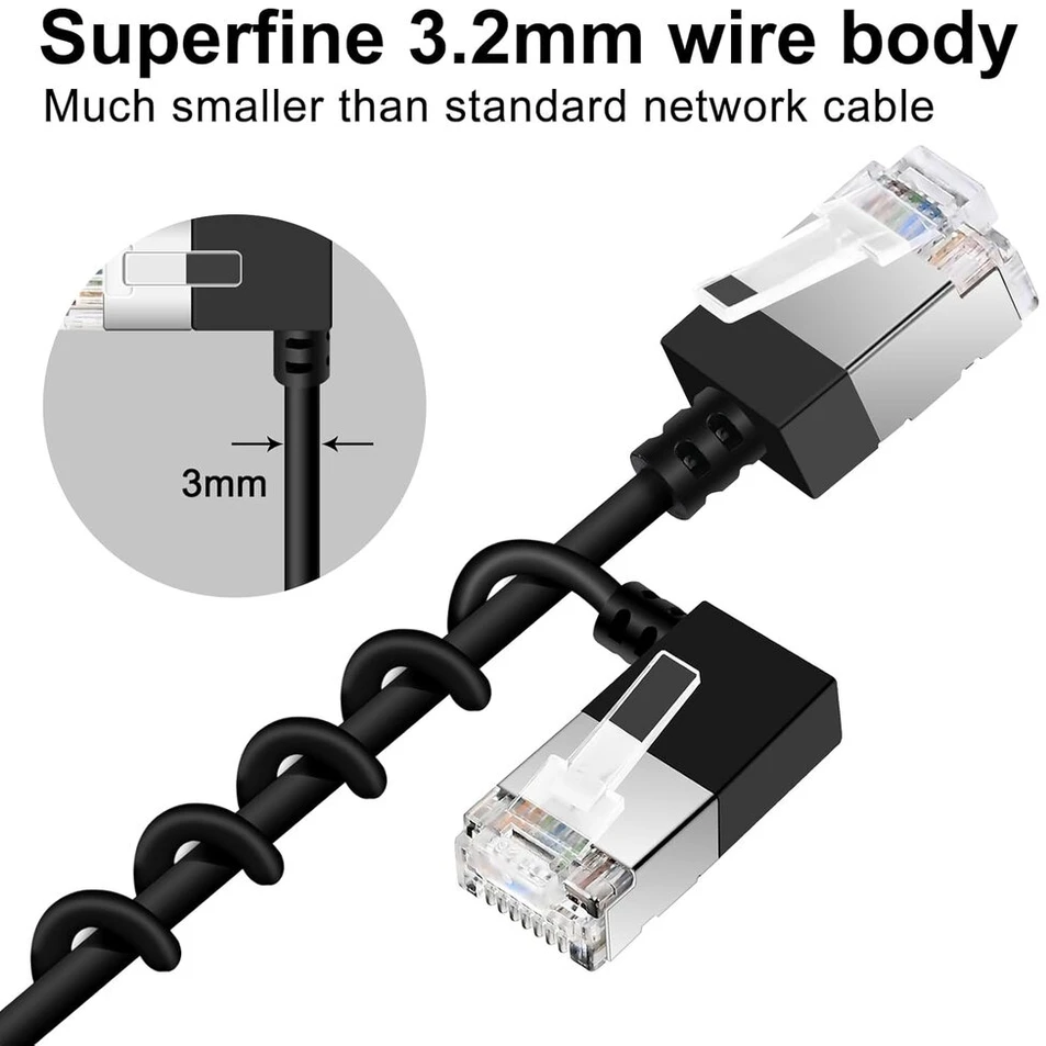 Dutevolns plonas cat 6 ethernet kabelis 90° kampu į kairę 0.5 m, itin plonas rj45 lan kabelis gigabitinis, skirtas mac, pc, maršrutizatoriui, ps4/5, (juodas)