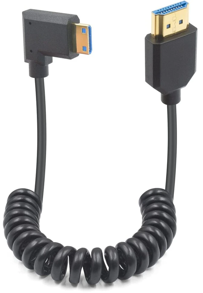 Duttek mini hdmi į hdmi 2.1 spiralinis kabelis 1.2 m, stačiu kampu mini hdmi į hdmi kabelis, hdmi 2.1 palaiko 8k @ 60hz, 4k @ 120hz, suderinamas su kamera, vaizdo kamera, planšetinio kompiuterio grafika, nešiojamuoju kompiuteriu