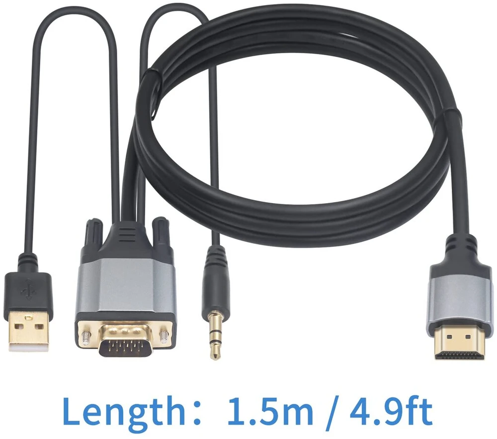 Duttek Vga į Hdmi kabelis, Vga į Hdmi keitiklis su 3,5 mm audio prievadu ir Usb 2.0 maitinimo prievadu, 1080p Vga kištukas į Hdmi kištuką, kabelis monitoriui, televizoriui, kompiuteriui 1,5 m (ne Hdmi į Vga)