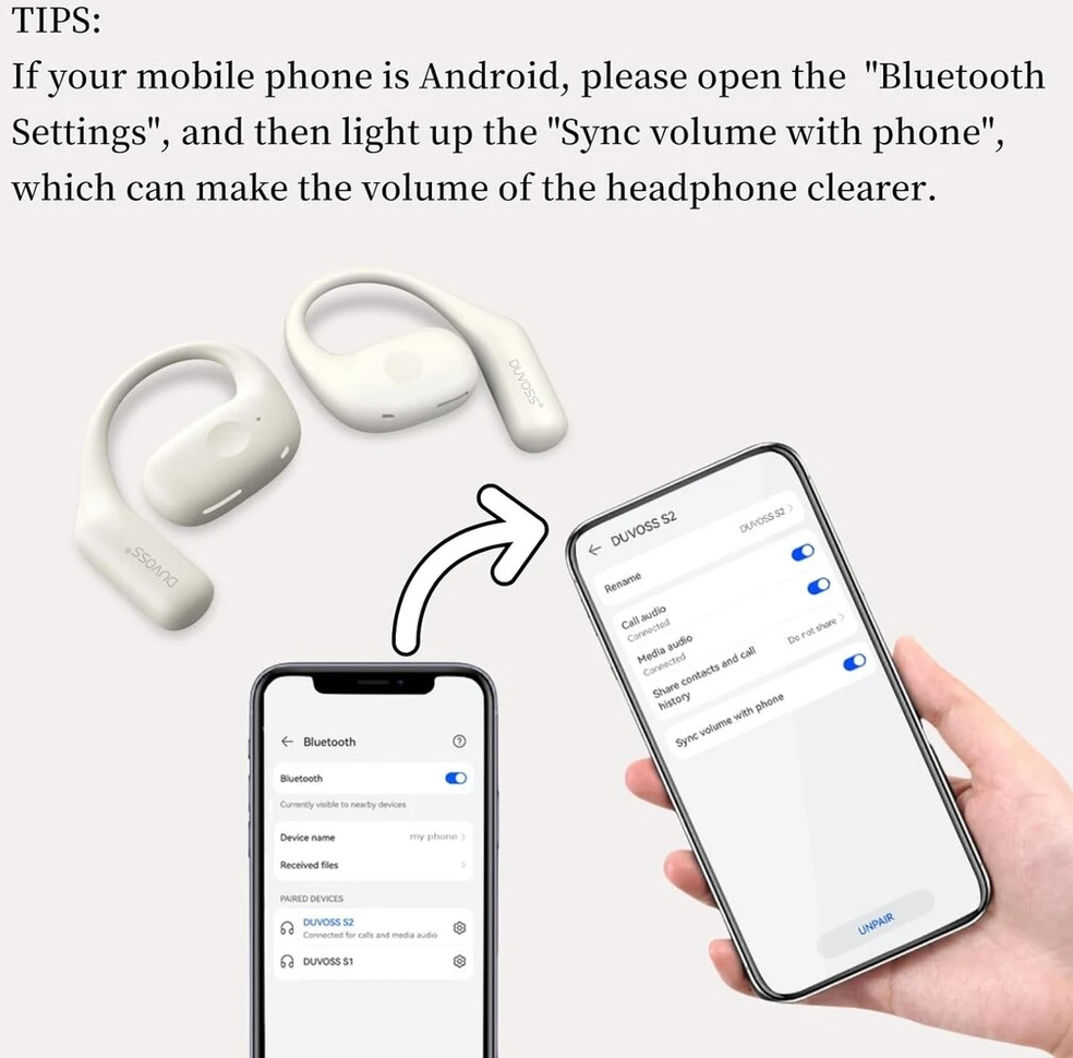 Duvoss atviro tipo ausinės, tikros belaidės ausinės su mikrofonu, lengvos, bluetooth 5.3 ausinės su ipx4 atsparumu vandeniui, ausinės su ausų kabliukais, air line sportinės ausinės treniruotėms ir bėgiojimui