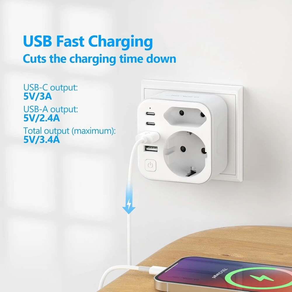 Dvigubas kištukas į lizdą, Jsver maitinimo juosta su usb 2 krypčių lizdo adapteriu (3680 w 16 a) su 2 usb a ir 2 usb c (5 v/3.4 a) daugkartinis kištukas į lizdą su jungikliu, skirtas ipad, iphone planšetiniams kompiuteriams