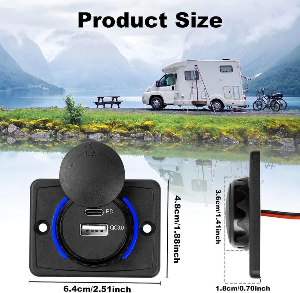 Dvigubas Usb automobilinis įkroviklio lizdas, Qc3.0 ir Pd Usb-c automobilinis įkroviklis 12v-24v greito įkrovimo lizdas vandeniui atsparus įkrovimo lizdo skydelis skirtas jachtoms, automobiliams, motociklams, kemperiams, valtims (2 vnt.)
