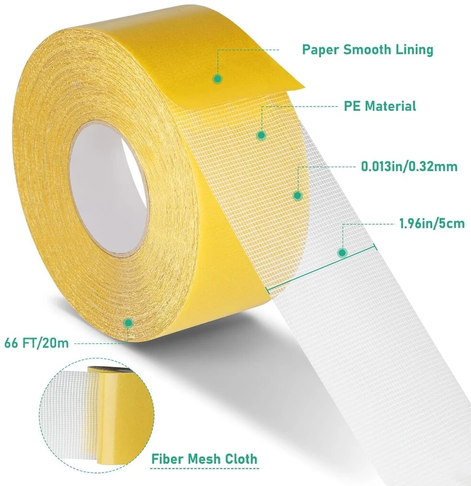 Dvipusė audinio juosta 5cm x 20m, itin stipri, skaidri, su stiklo pluošto tinkleliu