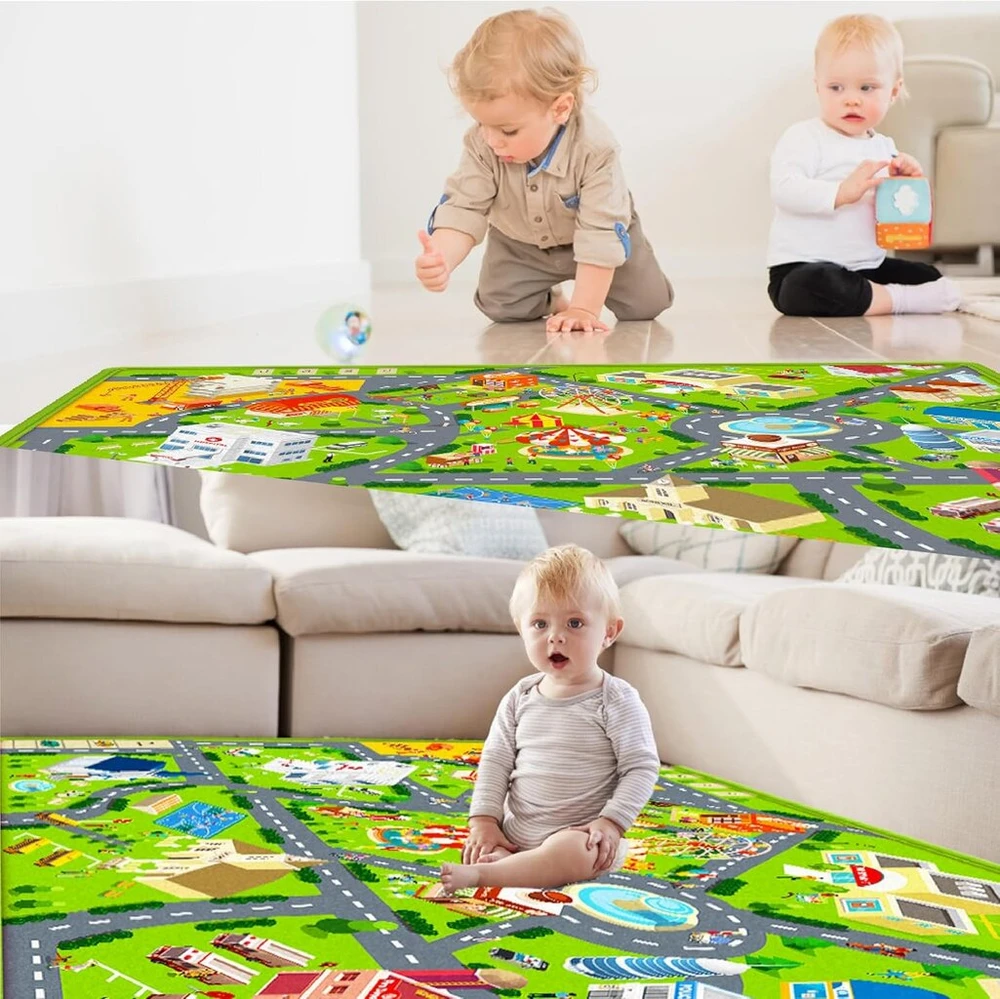 Dvipusis žaidimų kilimėlis vaikų kambariui 110 x 148 cm, žaidimų kilimėlis su 6 mašinėlėmis, didelis traukinio kilimėlis, kelioninis žaislas, edukacinis gatvės kilimas grindims, žaidimų kambariui, žaidimų zonai