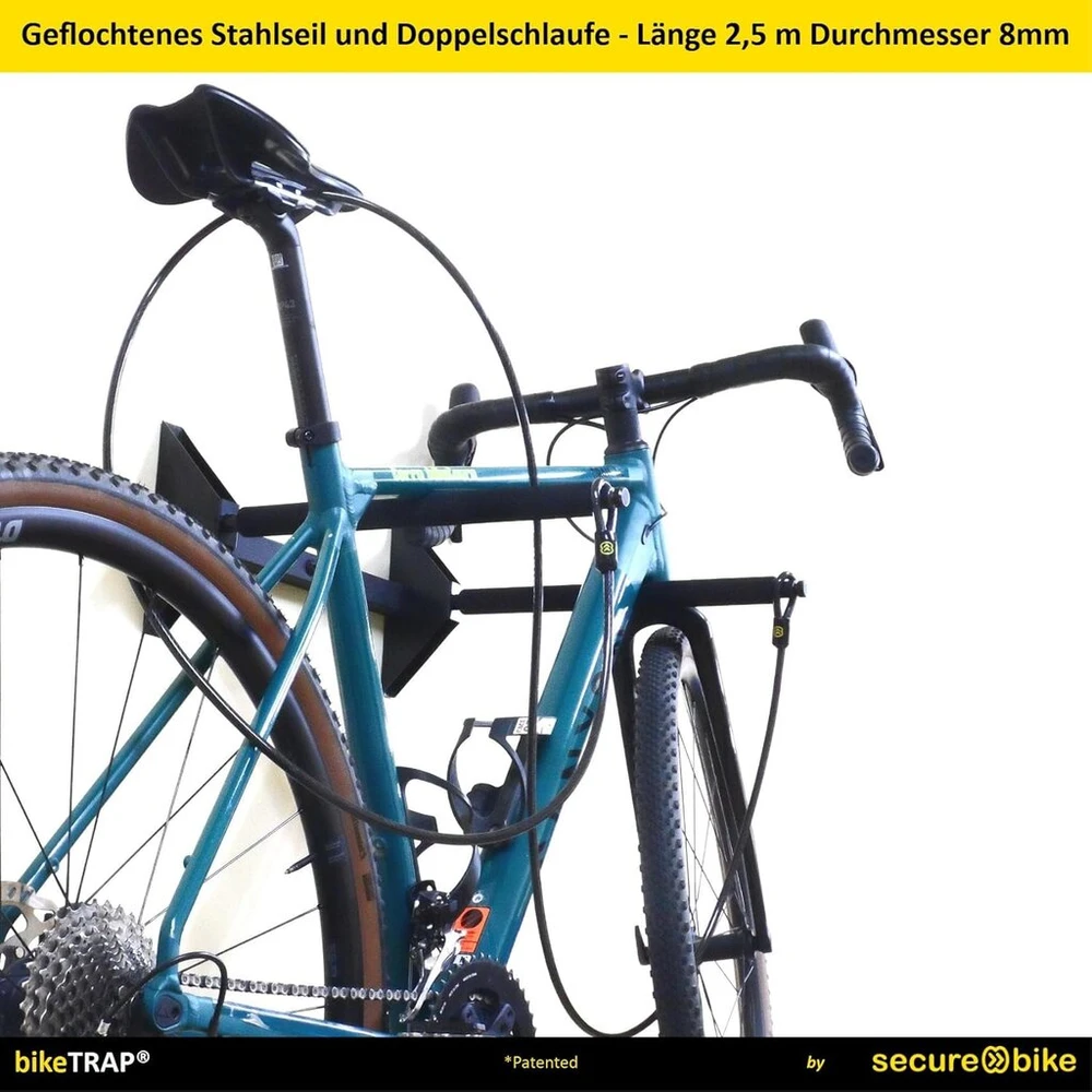 Dviračio apsauga nuo vagystės dviguba kilpa plieno trosas 2,5 m x 8 mm, skirtas apsaugos nuo vagystės įtaisui Biketrap