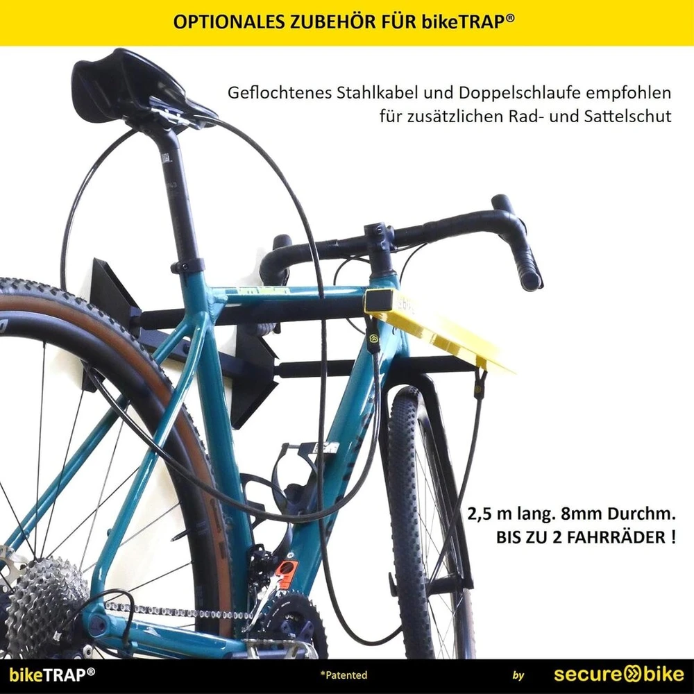 Dviračio apsauga nuo vagystės dviguba kilpa plieno trosas 2,5 m x 8 mm, skirtas apsaugos nuo vagystės įtaisui Biketrap