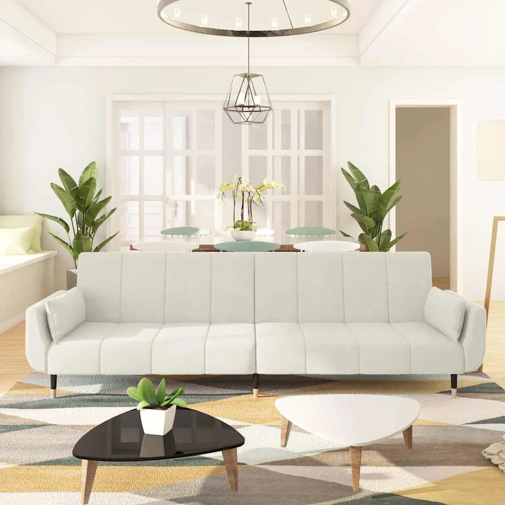 Fotelis Dvivietė sofa-lova su dvejomis pagalvėmis, kreminė, aksomas