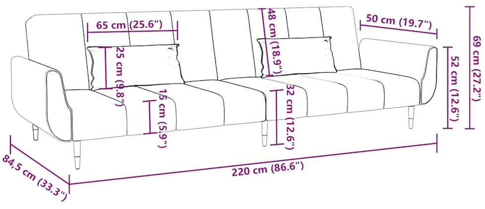 Fotelis Dvivietė sofa-lova su dvejomis pagalvėmis, kreminė, aksomas