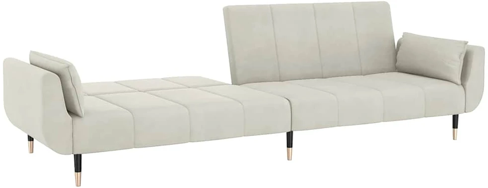 Fotelis Dvivietė sofa-lova su dvejomis pagalvėmis, kreminė, aksomas