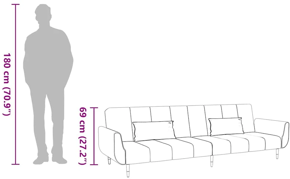 Fotelis Dvivietė sofa-lova su dvejomis pagalvėmis, kreminė, aksomas