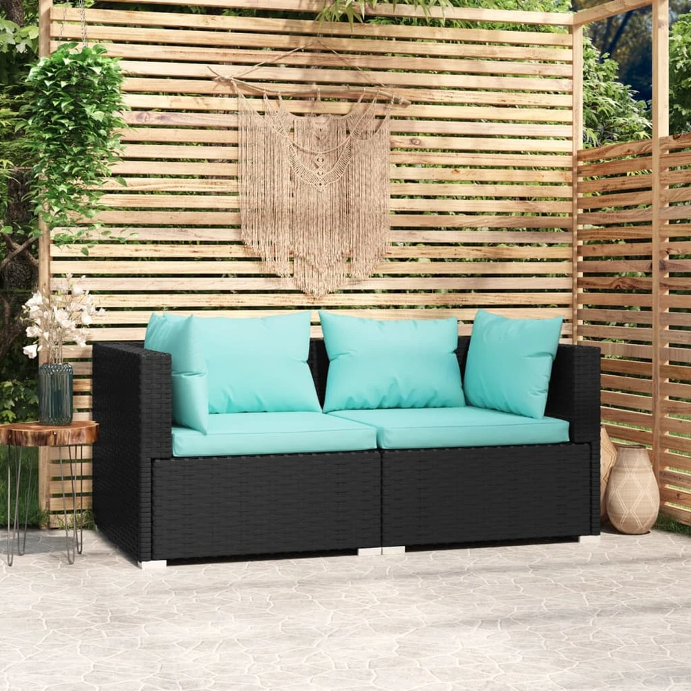 Lauko baldų komplektas Dvivietė sofa su pagalvėlėmis, juodos spalvos, poliratanas