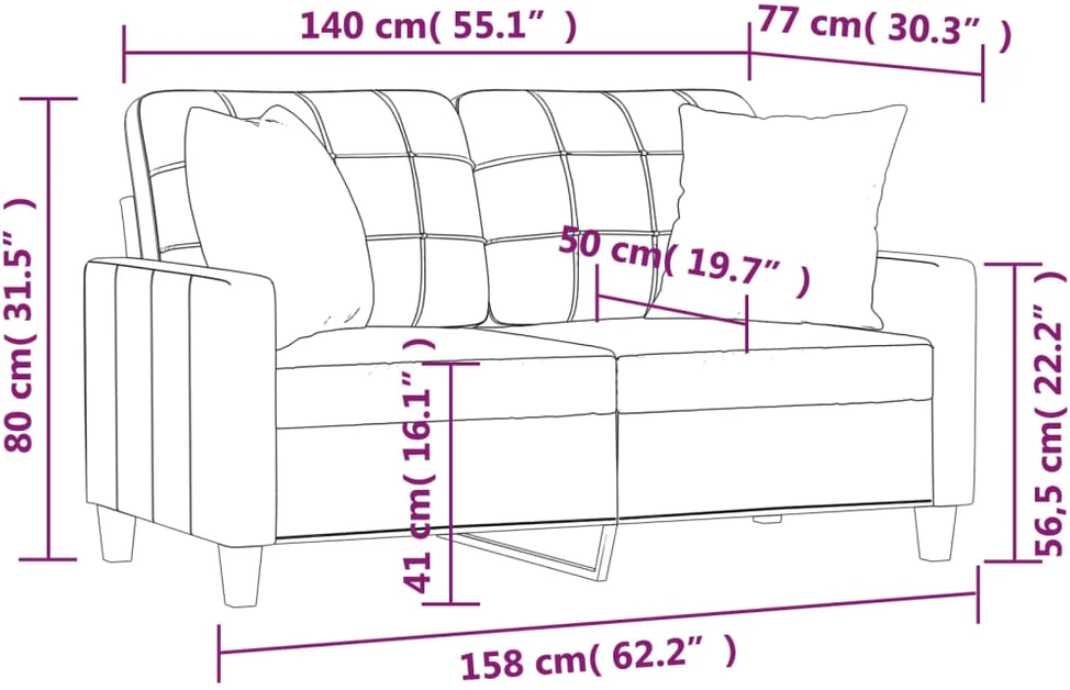 Fotelis Dvivietė sofa su pagalvėlėmis, pilka, 140cm, dirbtinė oda