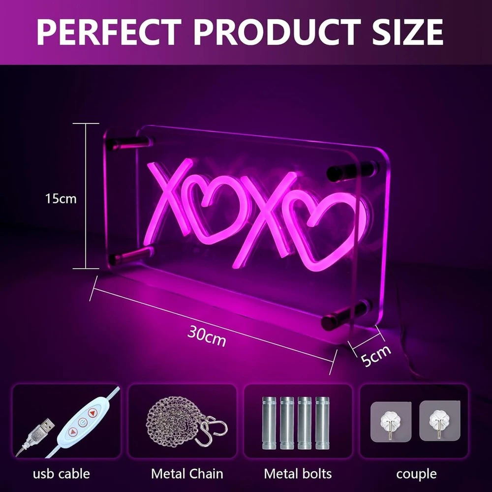 Pakabinamas šviestuvas Dwooke Xoxo neoninės iškabos, rožinės Xoxo Led iškabos, Usb maitinamas dvigubo sluoksnio akrilinis Led neoninis šviesos dėžė, reguliuojamo ryškumo neoninė iškaba stalo dekoravimui, sienų dekorui, barui, kalėdoms, valentino dienai