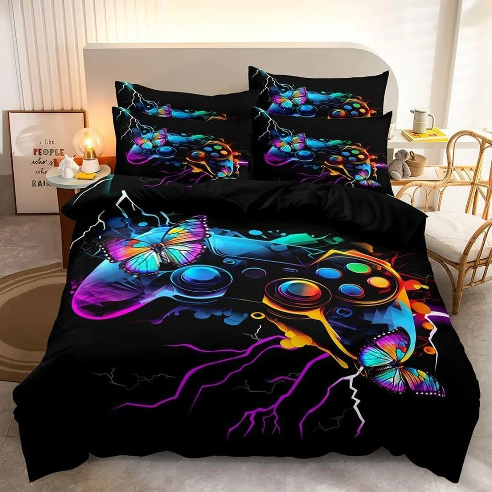 Dxhome patalynės komplektas 135 x 200 cm žaidėjams, žaidimų pultelis, žaidimai, mėlyna violetinė patalynė, 3d spauda, minkštas mikropluoštas, dvipusis patalynės komplektas, 2 dalių paaugliams berniukams, antklodės užvalkalas su užtrauktuku + 1 pagalvės už