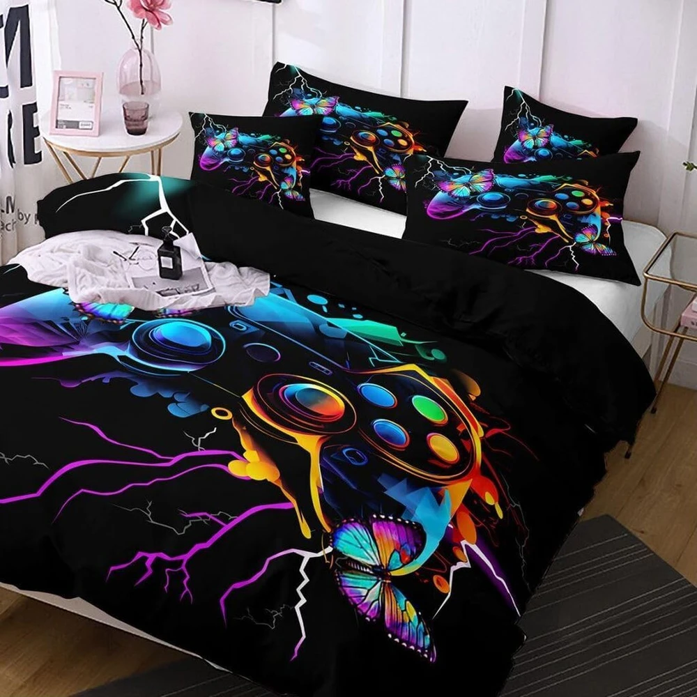 Dxhome patalynės komplektas 135 x 200 cm žaidėjams, žaidimų pultelis, žaidimai, mėlyna violetinė patalynė, 3d spauda, minkštas mikropluoštas, dvipusis patalynės komplektas, 2 dalių paaugliams berniukams, antklodės užvalkalas su užtrauktuku + 1 pagalvės už