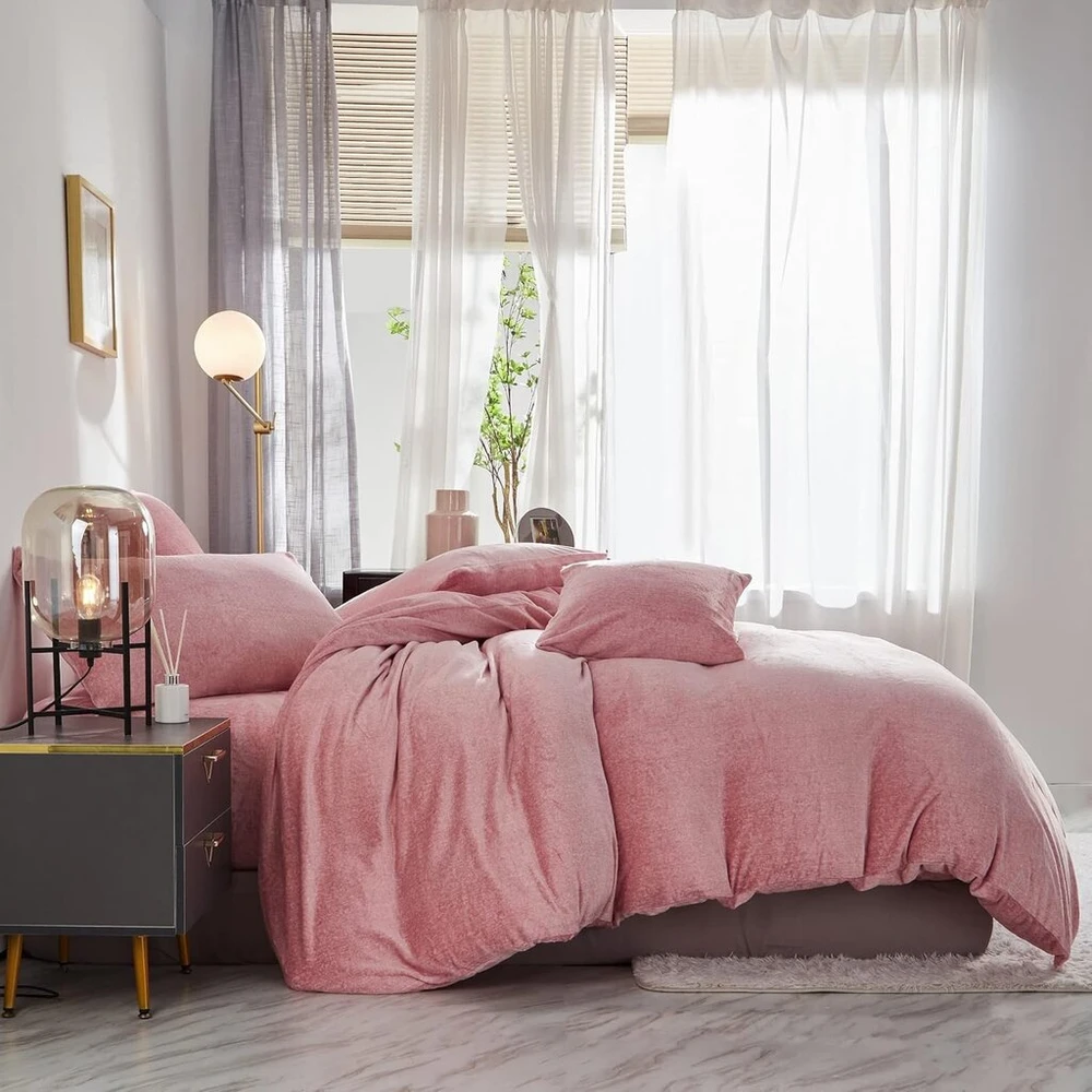 Dxhome Pūkuotas žieminis patalynės komplektas 135 x 200 cm, itin šiltas 4 dalių, minkštas flisinis antklodės užvalkalas šviesiai rožinės spalvos, pieno fliso patalynė vaikams su užtrauktuku ir 2 pagalvių užvalkalais 80 x 80 cm