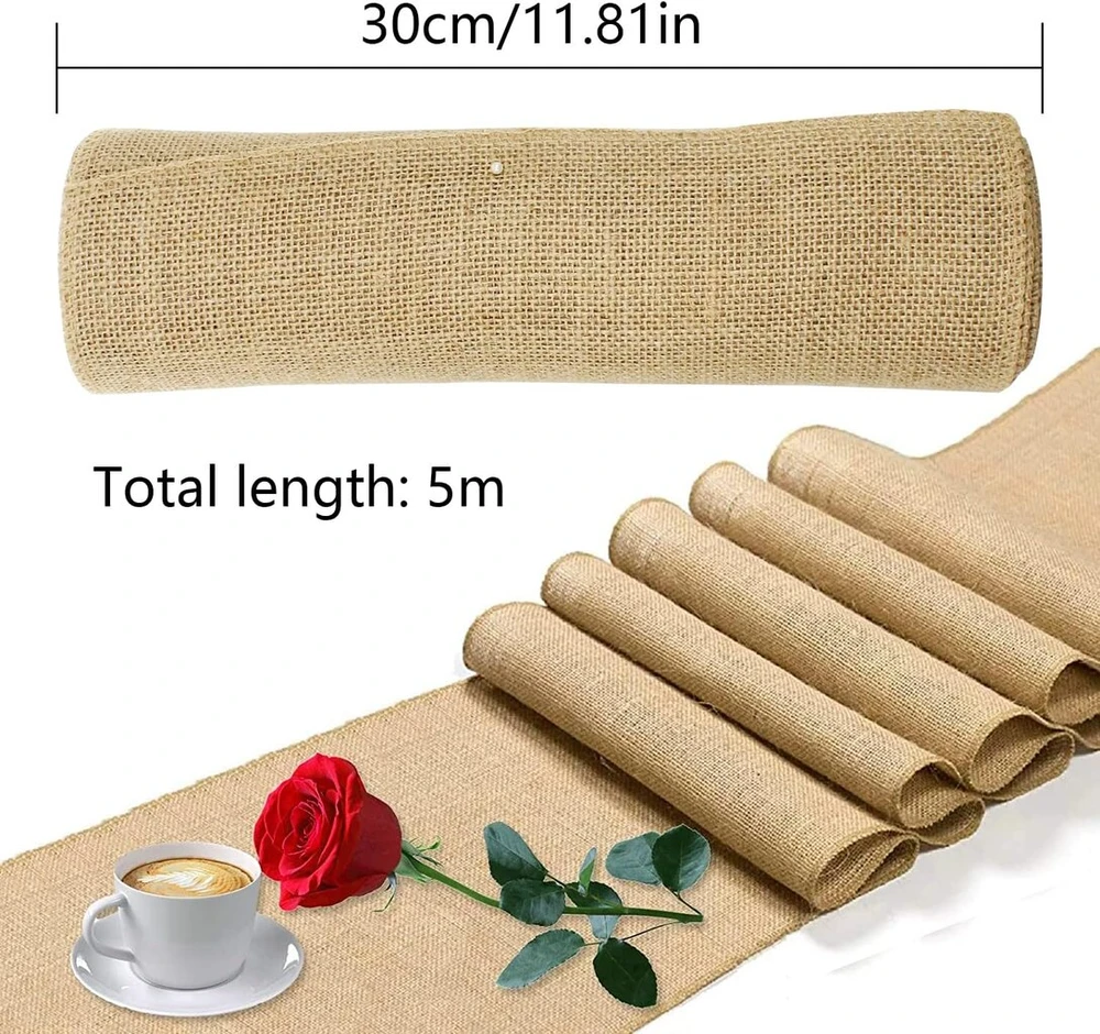 Džiuto stalo takelis, staltiesės rulonas 30 cm x 5 m, džiuto takelis, idealiai tinkantis kaip stalo ir vestuvių dekoracija, stalo takelis pagamintas iš 100% natūralaus lino džiuto audinio (30 cm x 5 m)