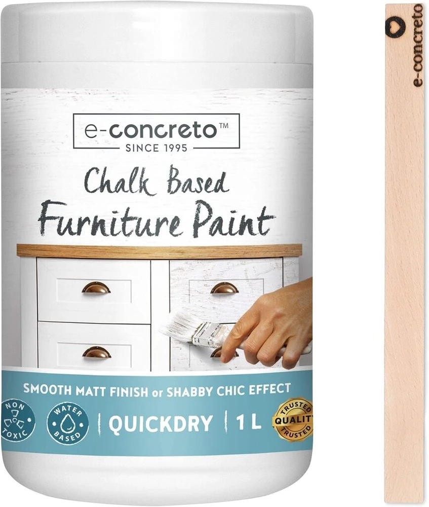 E-concreto kreidiniai baldų dažai balti 1 l su maišykle, medienos spalva shabby chic išvaizdai, baldų dažai, lengvai naudojami, vandens pagrindo baldų dažai, kreidos spalvos balti, greitai džiūstantys