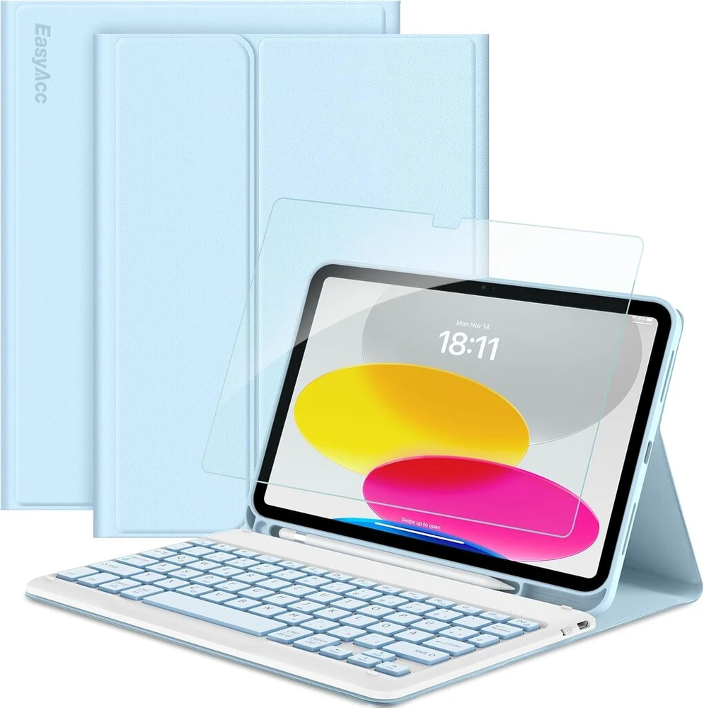 Easyacc dėklas, skirtas Ipad 11 (a16) / 10-os kartos planšetiniam kompiuteriui su klaviatūra 11/10,9 colio 2025/2022 (a2757/a2777/a3356/a3355), magnetinis nuimamas dėklas su rašiklio laikiklio klaviatūra, mėlynas