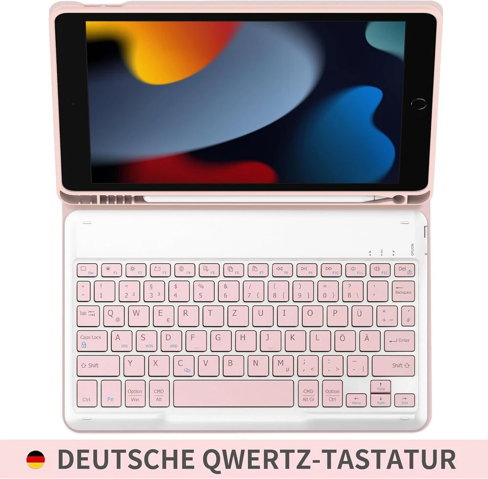 Klaviatūra Easyacc klaviatūros dėklas, suderinamas su Ipad 10.2 colių (9/8/7 kartos 2021/2020/2019) su apsaugine plėvele, [qwertz vokiečių kalba], nuimamas klaviatūros apsauginis dėklas su pieštuko laikikliu, rožinio aukso